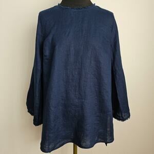 EUC J. Jill Love Linen Women's 100% Linen 3/4 Sleeve Navy Tunic Blouse Top S